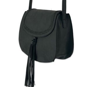 grey faux suede saddle bag braided whipstitch crossbody vintage new